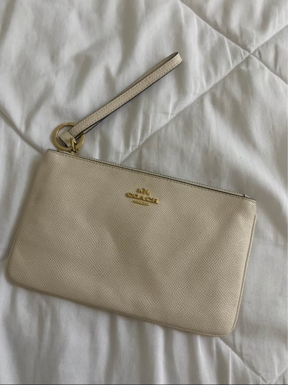 Coach Cream Pebbled Leather Wristlet with Gold Logo